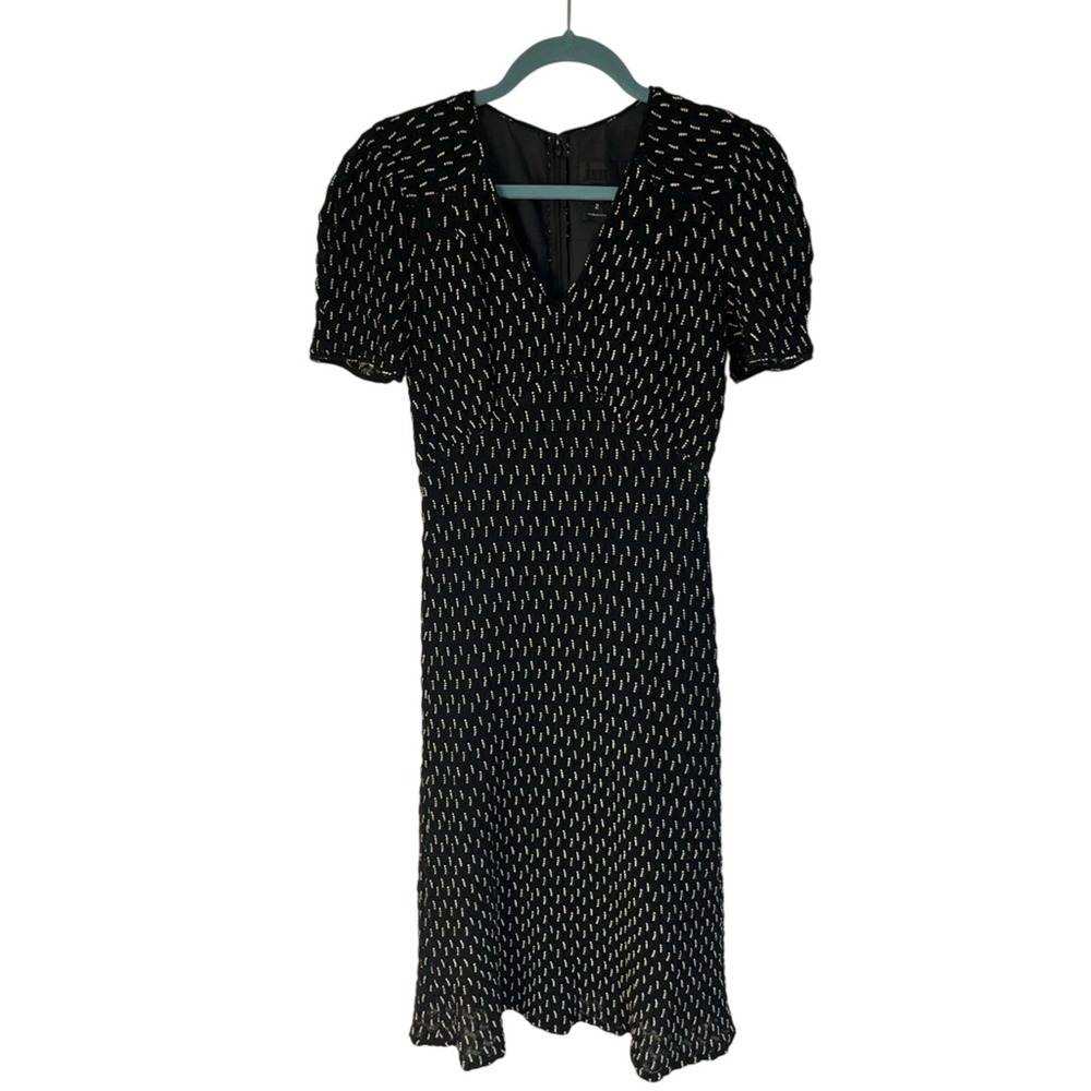 Anna Sui Black Cream Textured Knit V-Neck Short Sleeve Midi Dress Size 2 USA